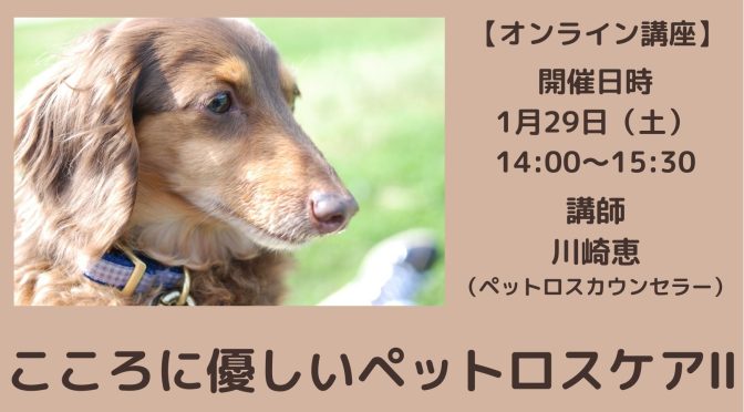 ペットロスオンライン講座「心に優しいペットロスケアⅡ」1月29日に開催です